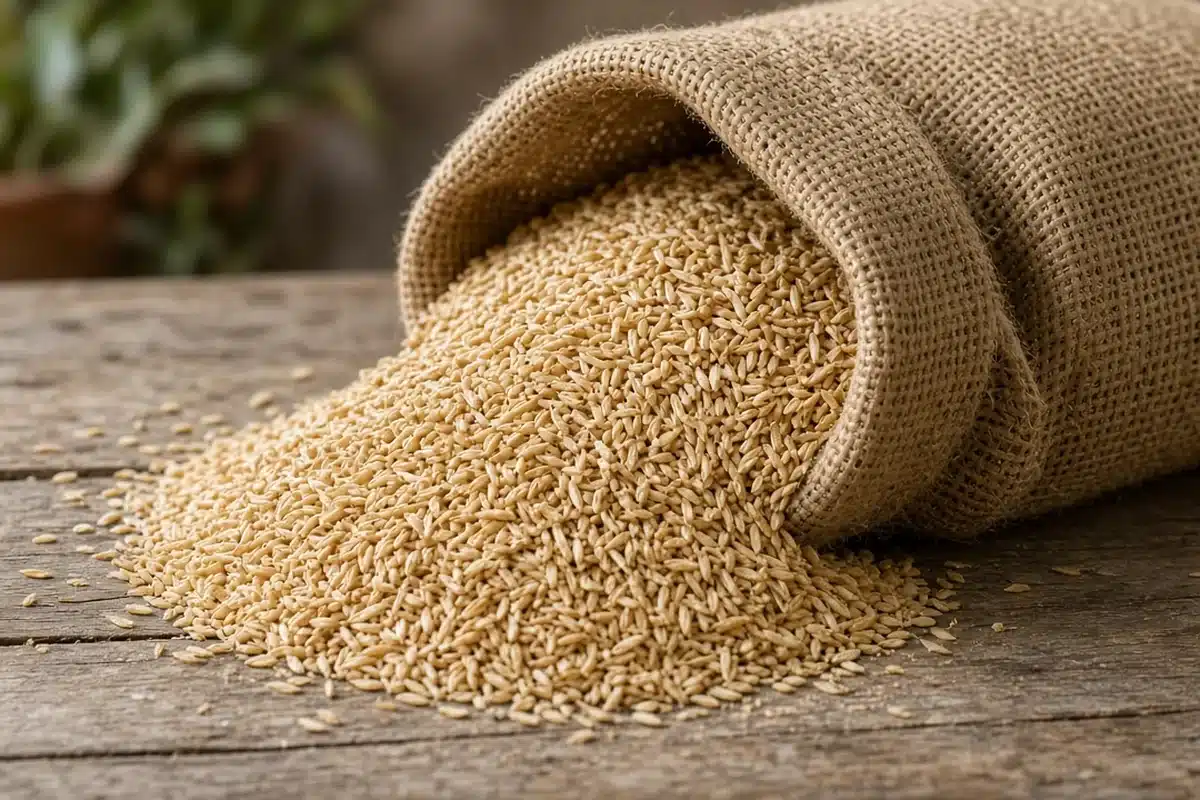 Open burlap sack spilling light golden parboiled rice hulls onto a wooden potting bench