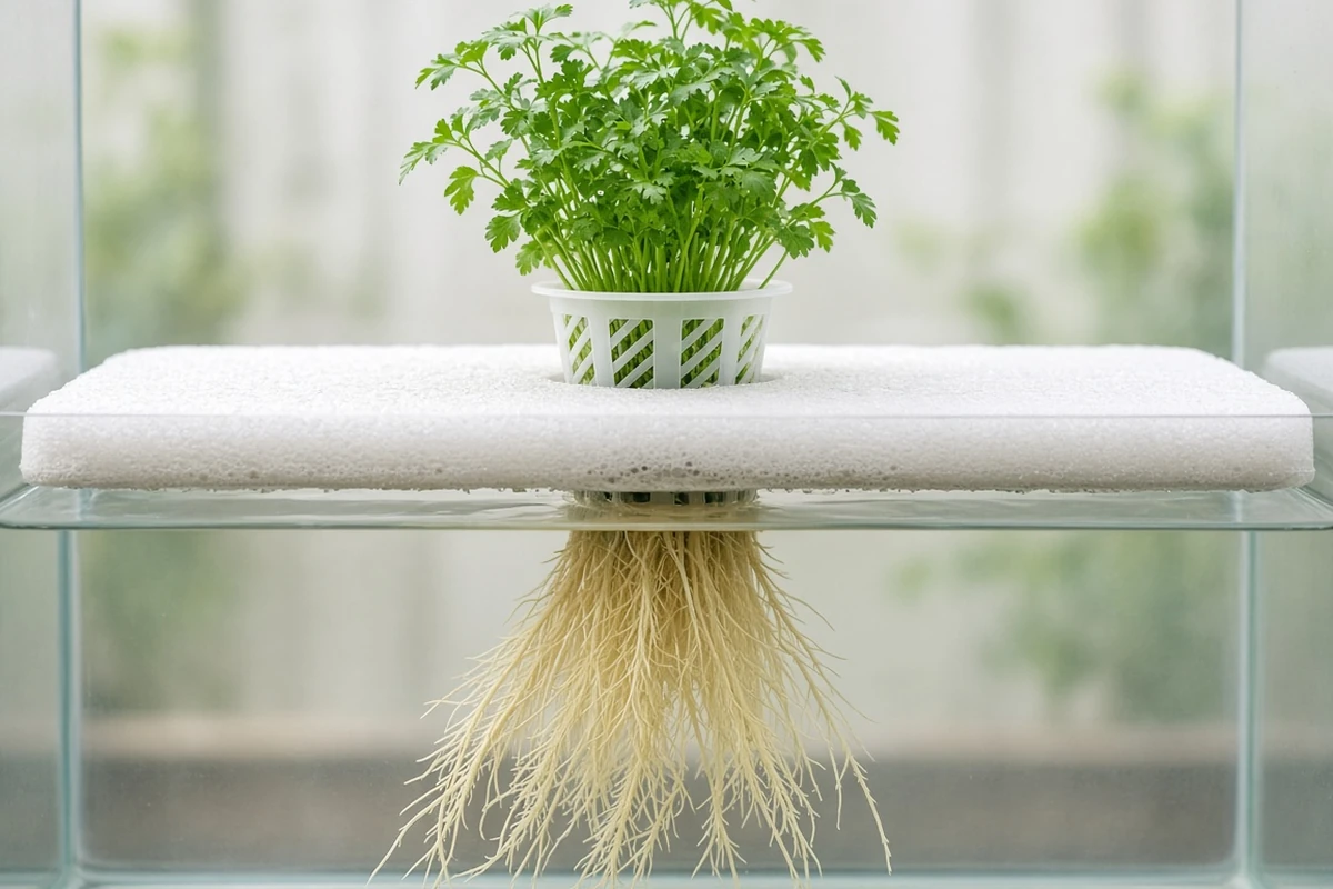 Parsley roots in a net pot
