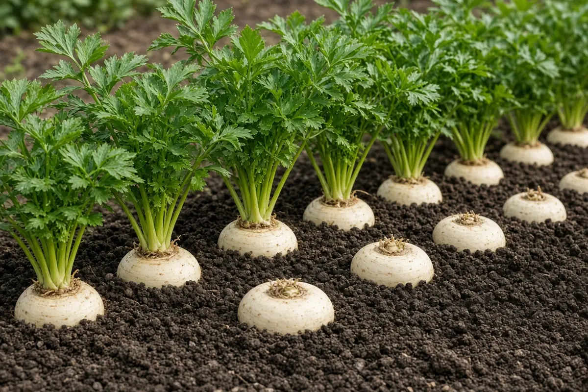 Parsnip crowns in a garden row