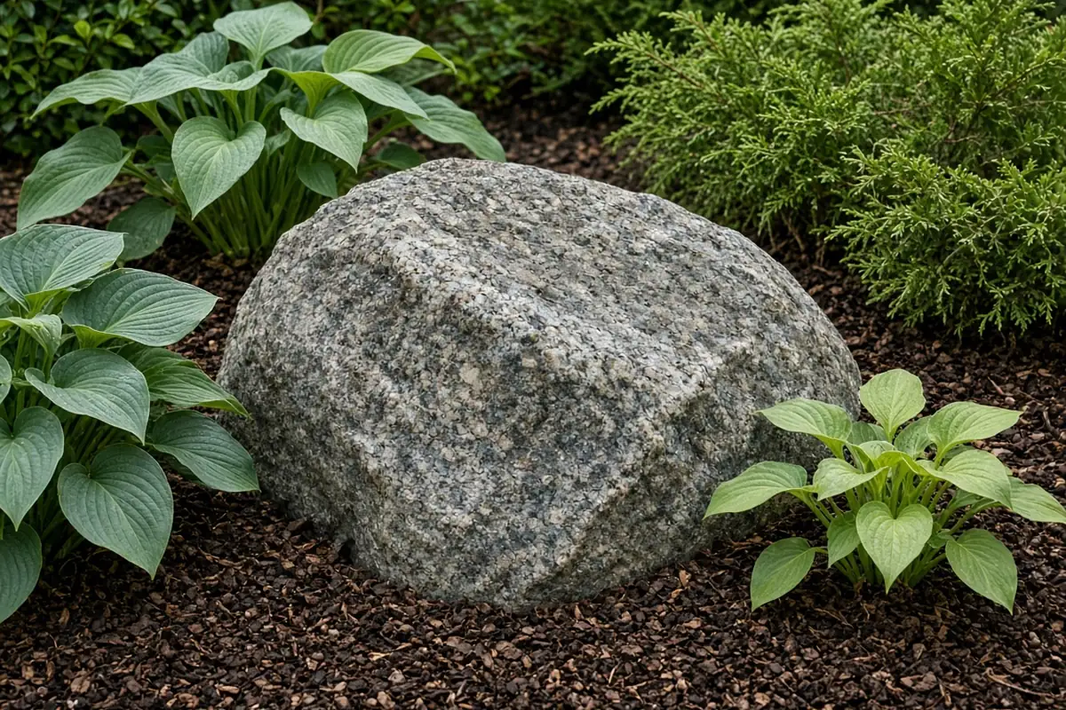 Partly buried boulder in a planting bed