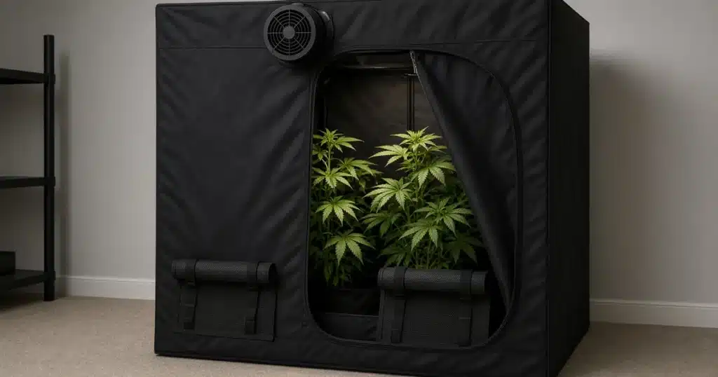 Open lower vent flaps on a grow tent with cannabis plants inside and an exhaust fan near the top