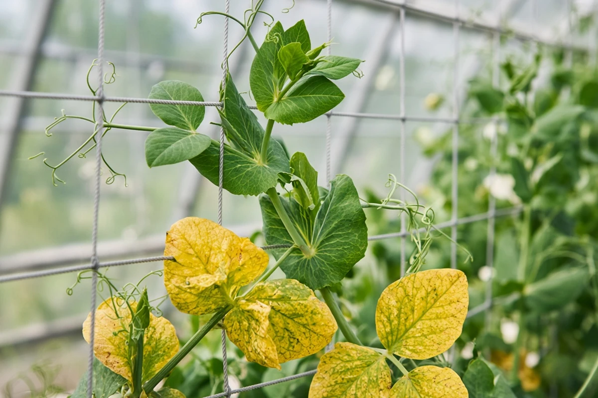 Pea vine with yellow lower leaves
