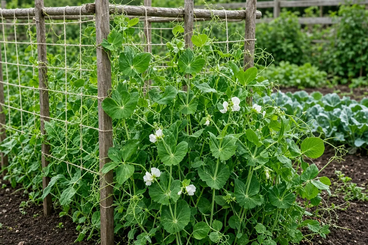 Pea vines climbing a trellis