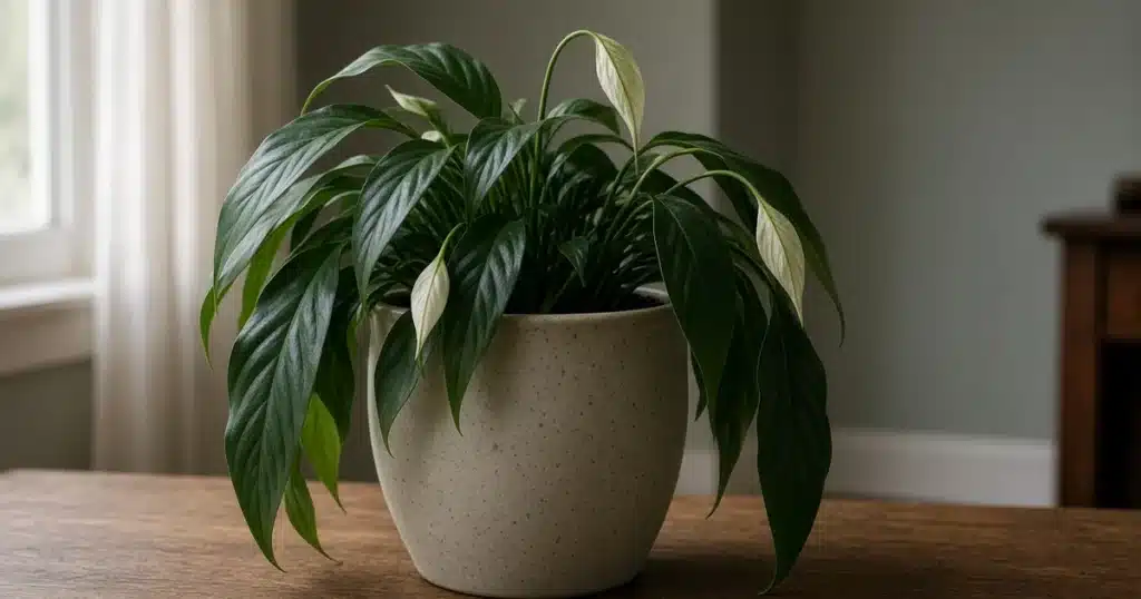 Drooping peace lily in a pot on a table