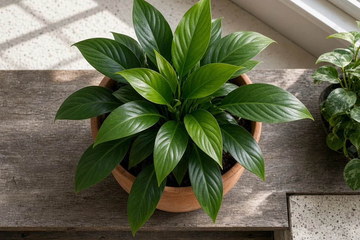 Peace lily leaves in a pot