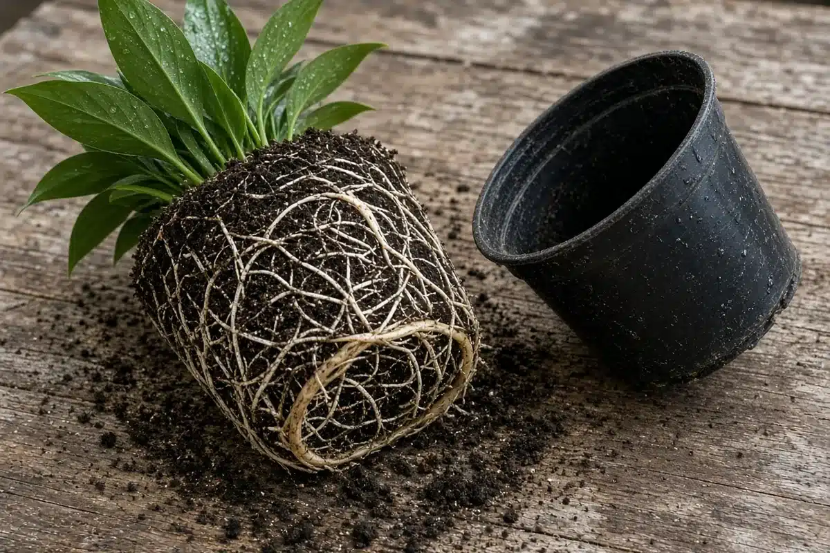Peace lily roots out of the pot on a bench
