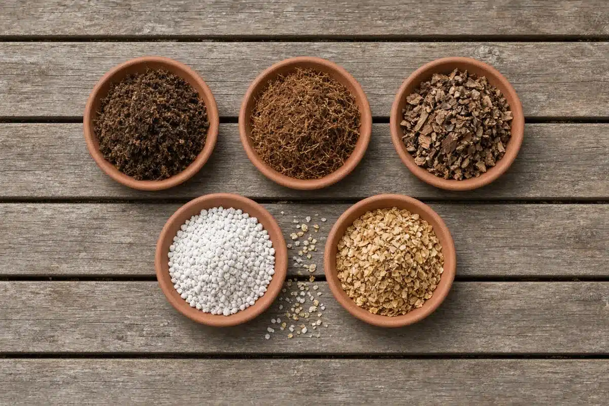 Peat moss, coir, pine bark, perlite and vermiculite in separate saucers on a patio table.