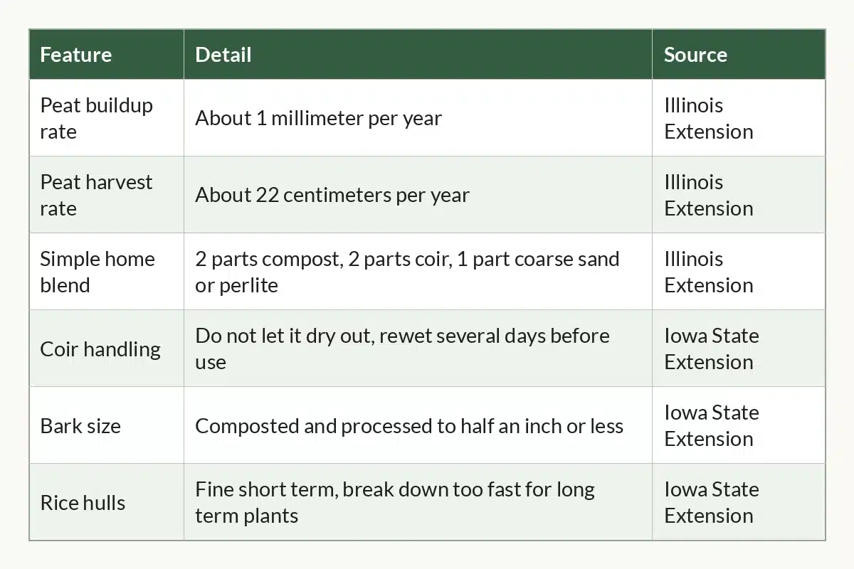 Table graphic of Peat Free Potting Mix at a Glance, 6 rows by 3 columns