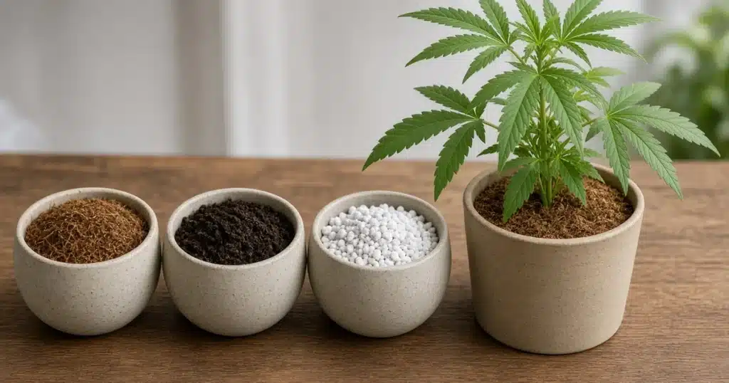 Bowls of coconut coir, compost and perlite on a wooden table beside a potted cannabis plant with a peat free mix