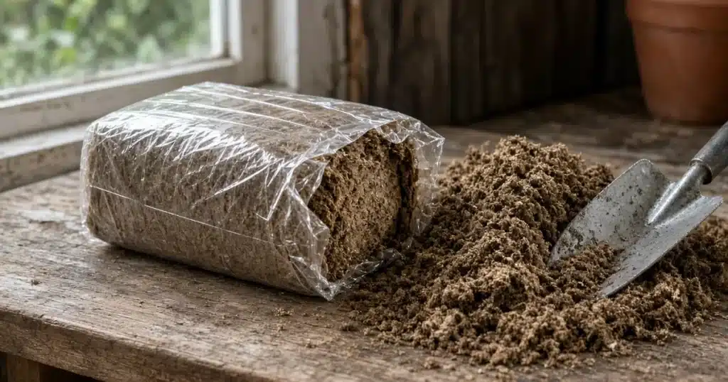 Bale of sphagnum peat moss opened beside a pile of loose peat