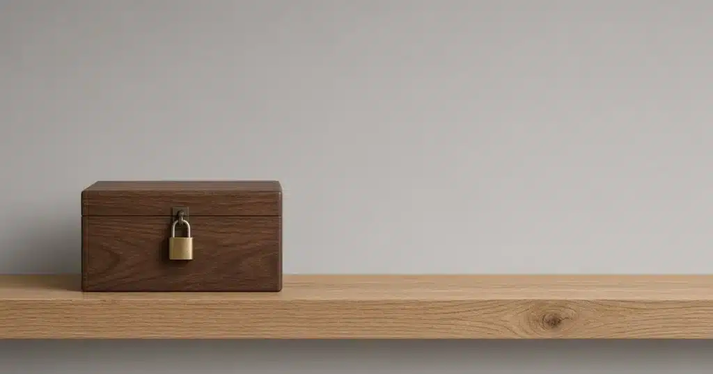 Locked storage box on a wooden wall shelf