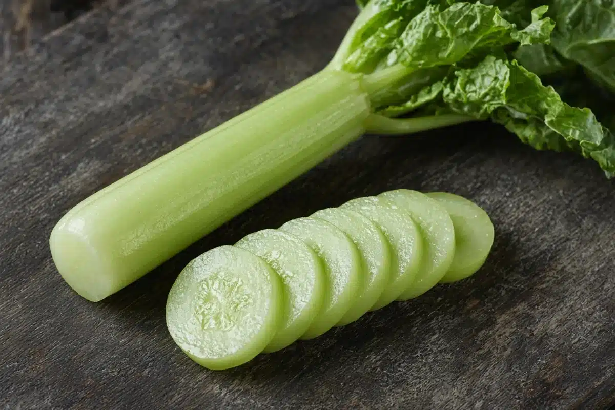 Peeled celtuce stem sliced on a board