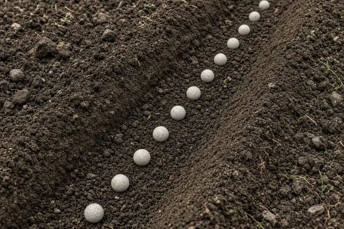 Pelleted seeds spaced in a garden row