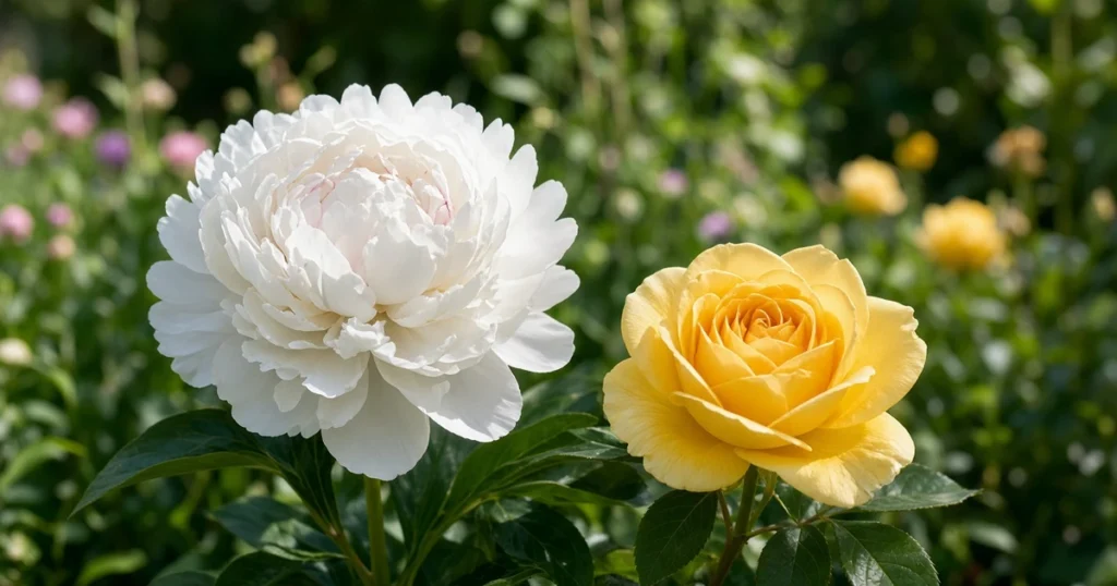 Peony and rose blooms side by side