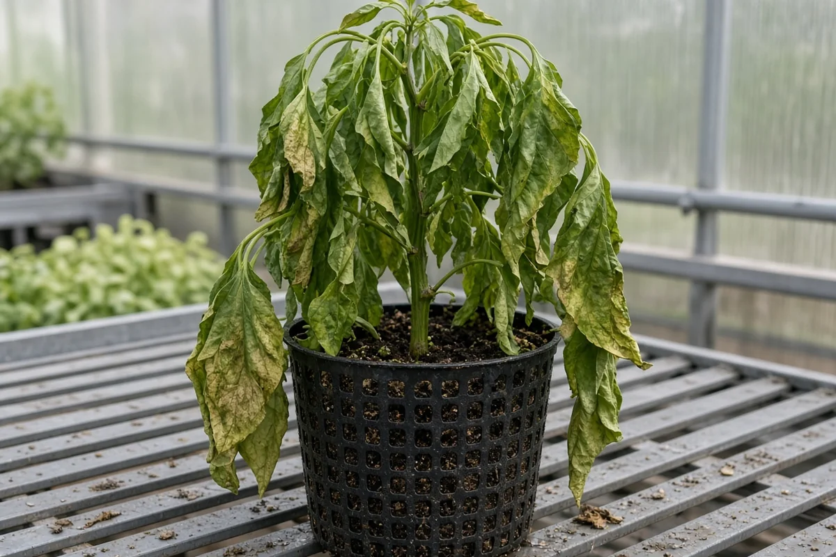 Pepper plant with drooping leaves