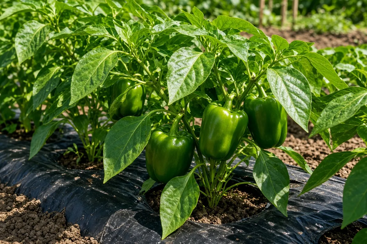 Pepper plants with green fruit growing through black plastic mulch