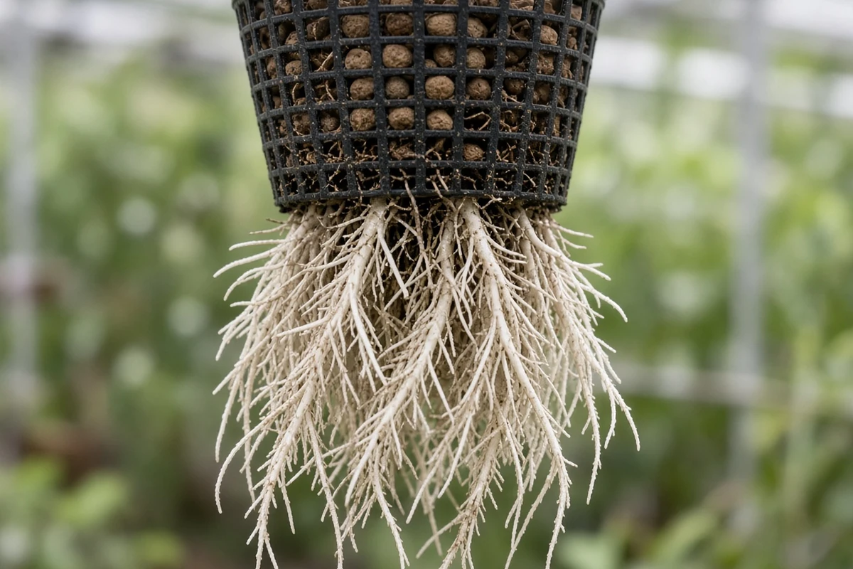 Pepper roots in a net pot