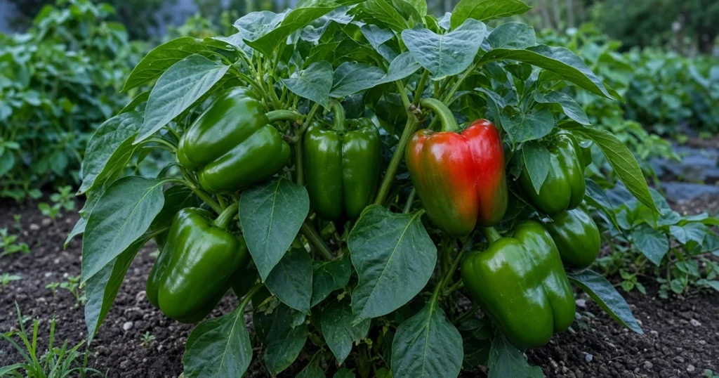 Pepper plant with green bell peppers and one ripening red pepper