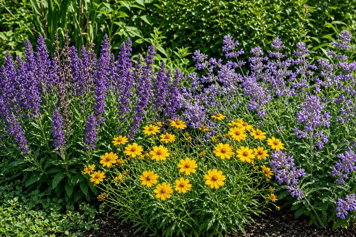 Perennial bed with deadheaded plants reblooming