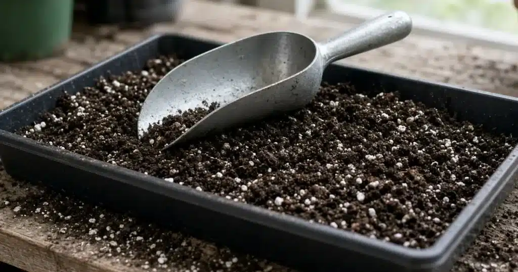 Metal scoop resting in dark potting mix with white perlite on a black potting tray