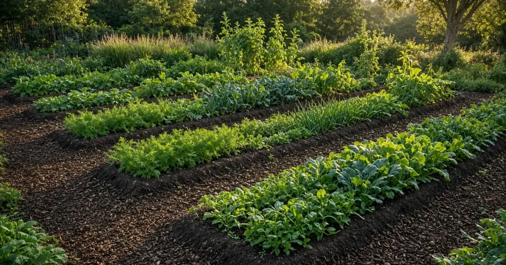 Garden with permanent beds and mulched paths