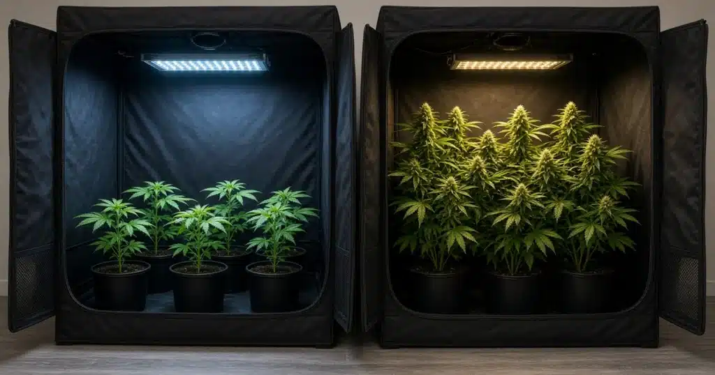 Two grow spaces side by side with young vegetative cannabis plants in one and flowering cannabis in the other
