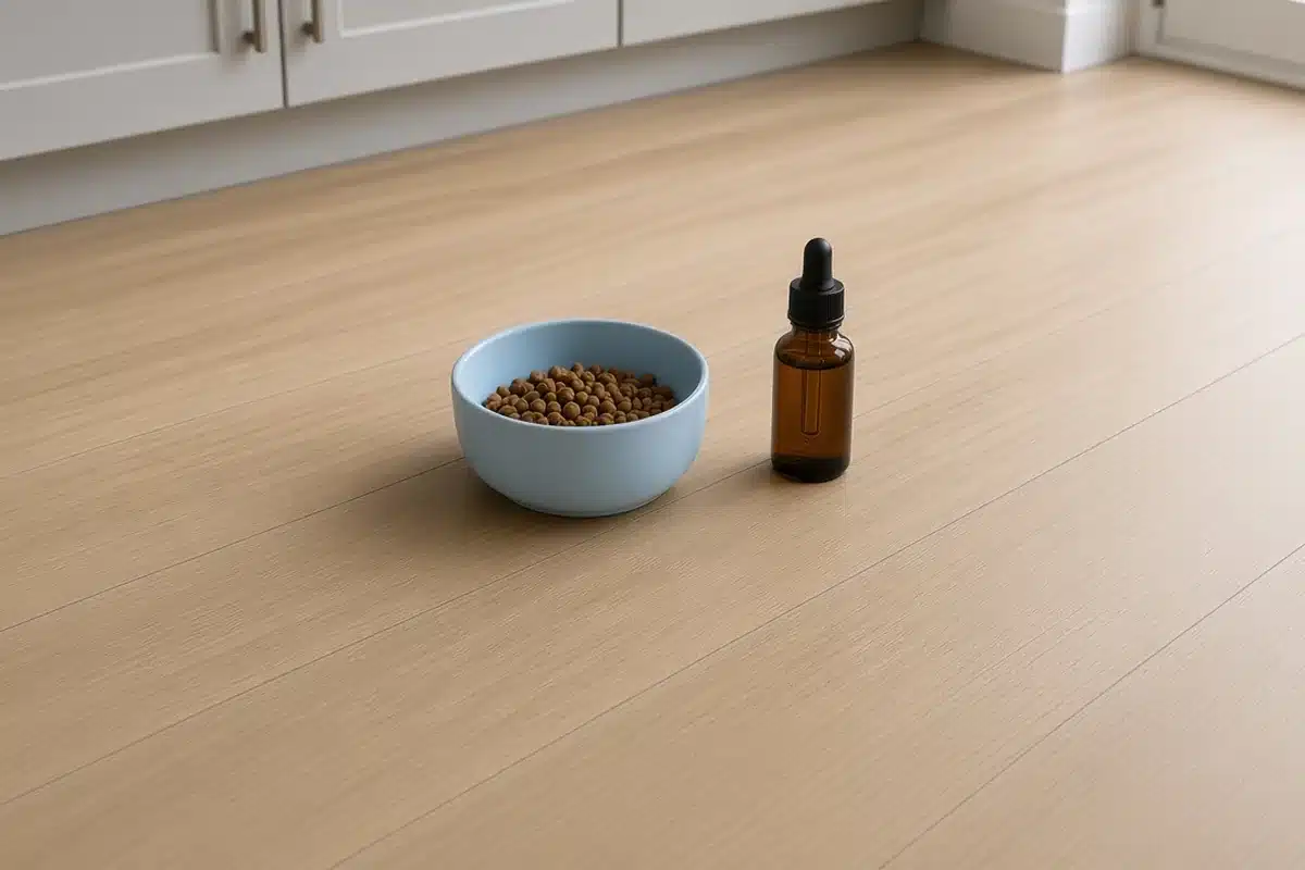 Dropper bottle beside a pet food bowl