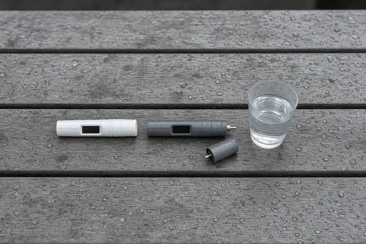 pH and PPM meter pens on a bench