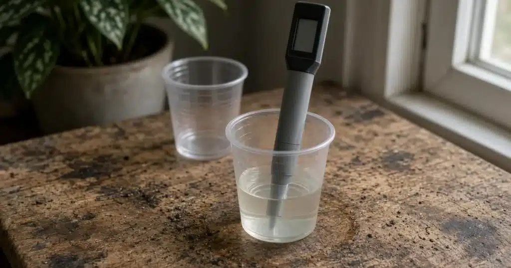 pH pen dipped in a small cup of calibration buffer solution