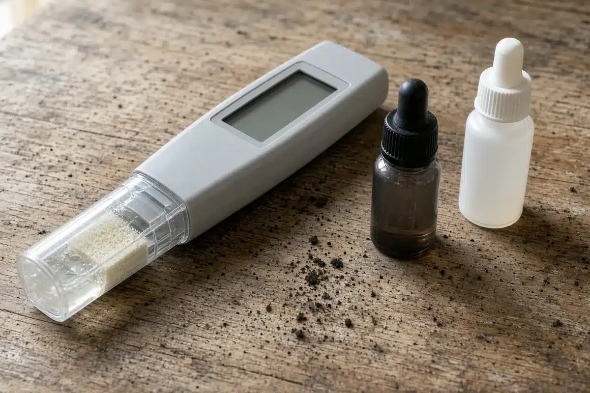 pH meter probe stored in its cap with storage solution beside two buffer bottles