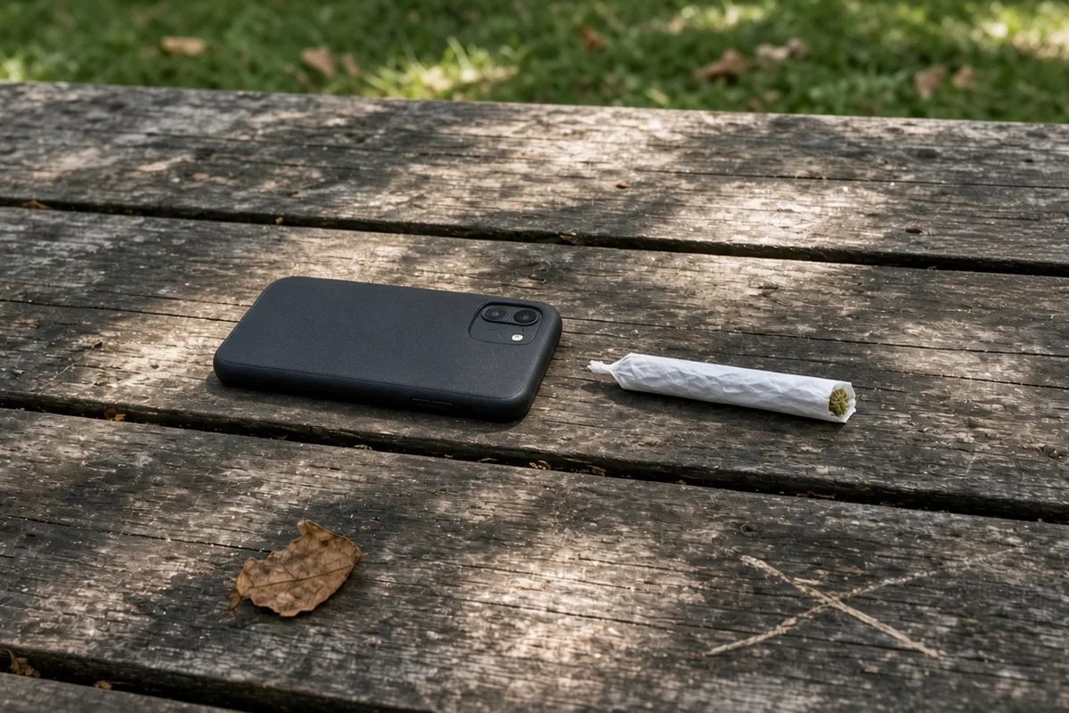 Phone on a table beside a rolled joint