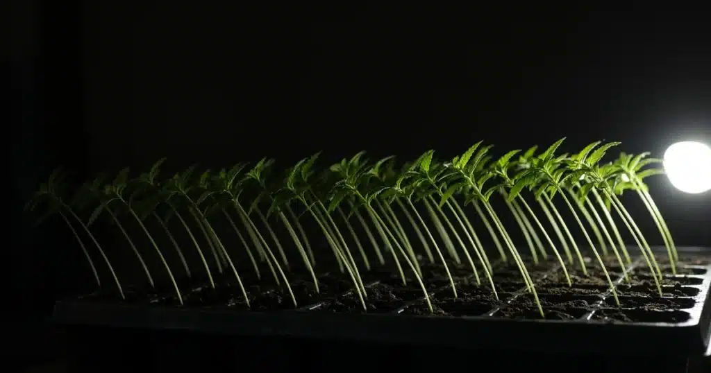 Young cannabis seedlings leaning together toward a bright lamp placed off to one side of the tray