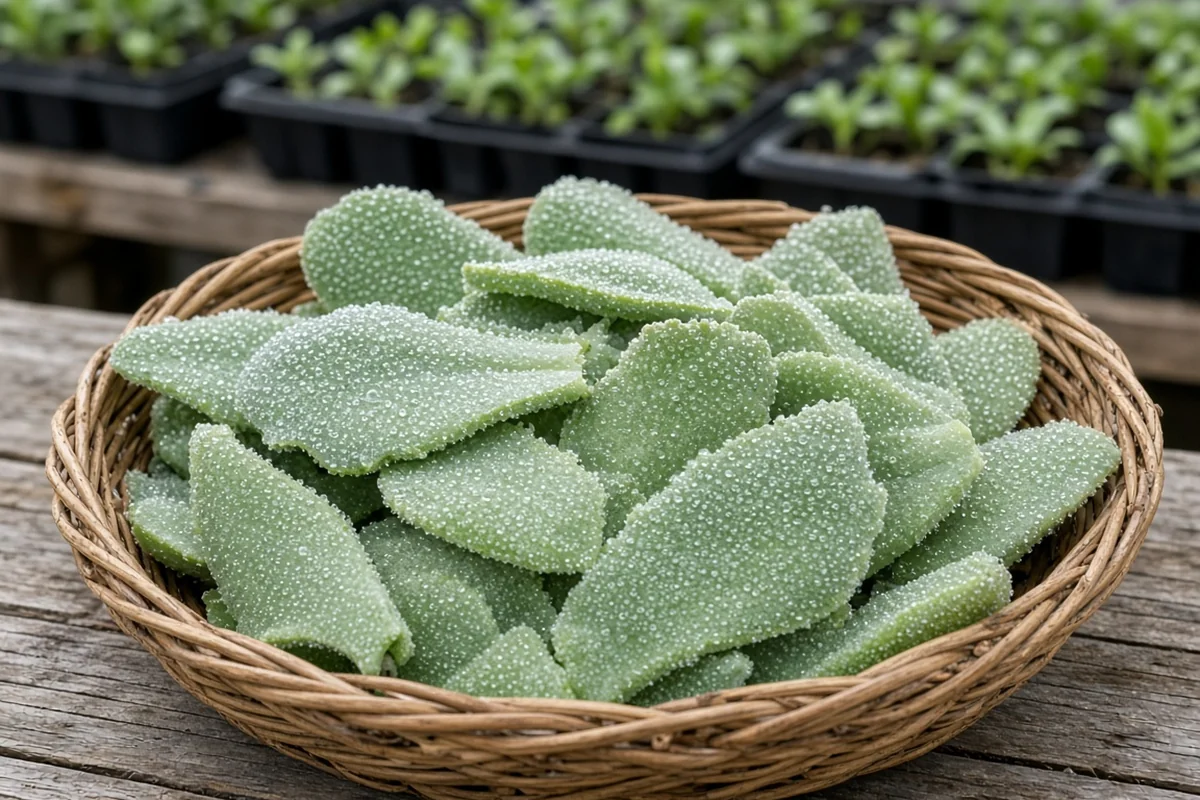 Picked ice plant leaves in a wicker basket on a potting bench