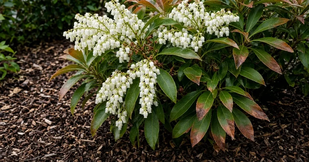 Pieris shrub with white bell flowers and browning leaves