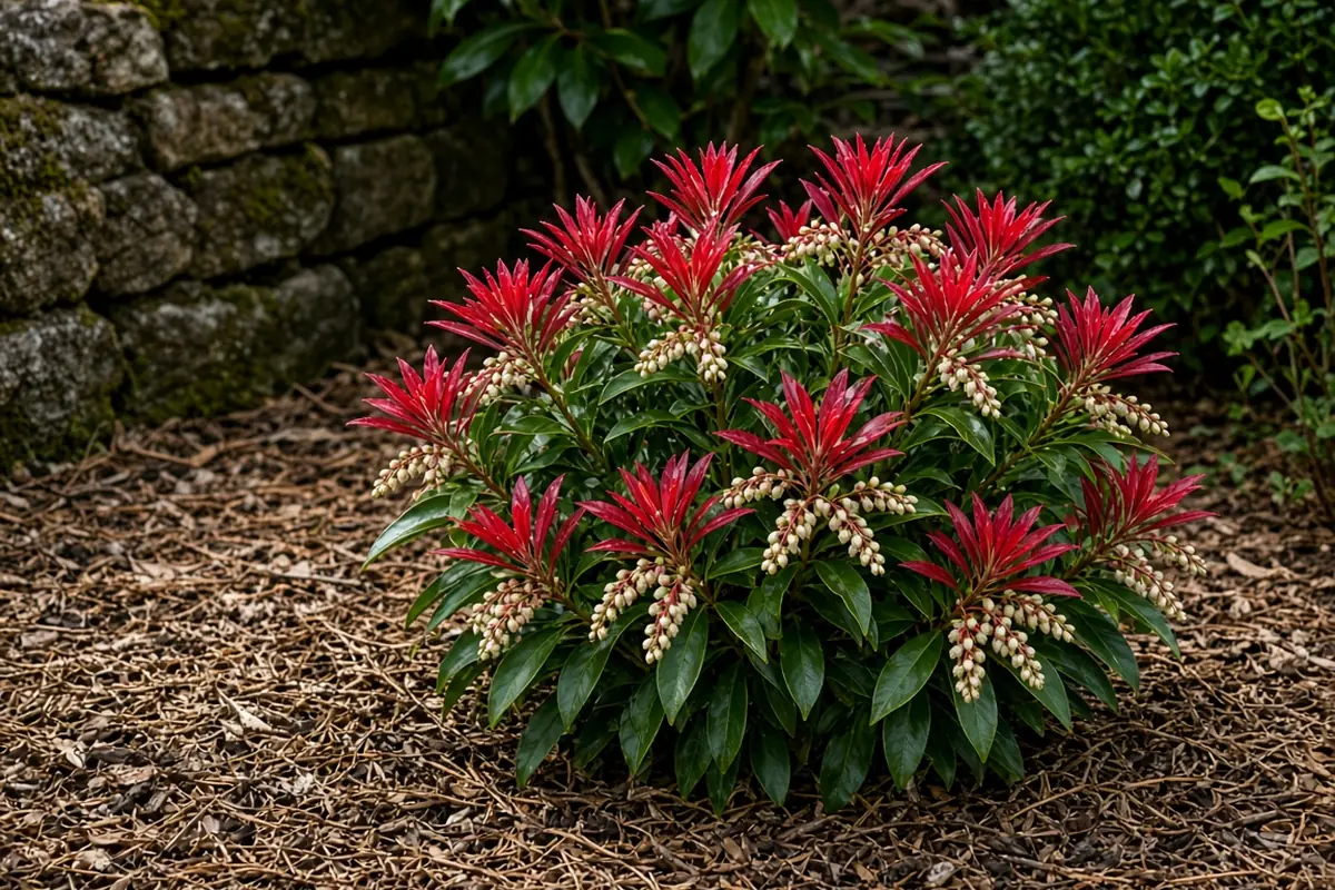 Pieris with red new leaves beside a stone wall