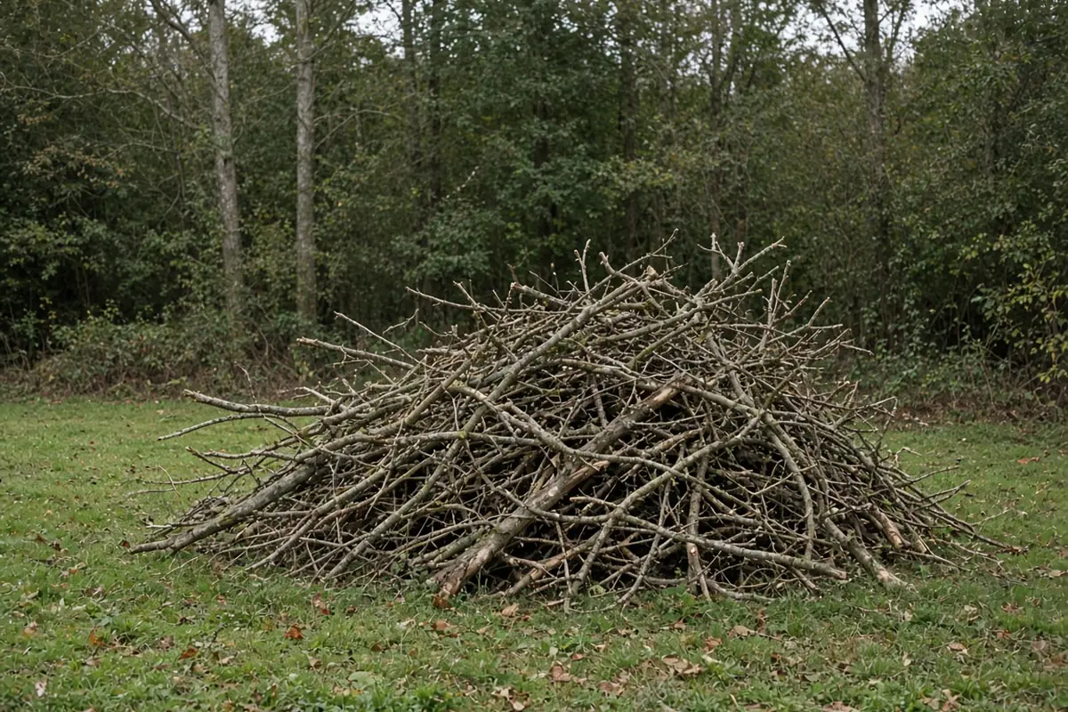 Pile of cleared brush beside a wooded tree line