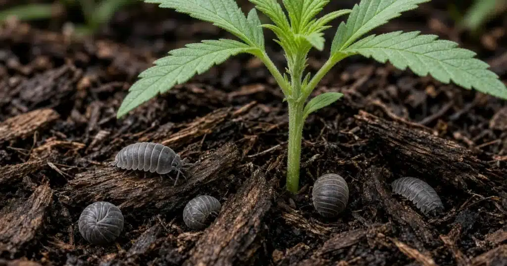 Gray pill bugs, some curled up, on dark wood mulch around a young cannabis seedling