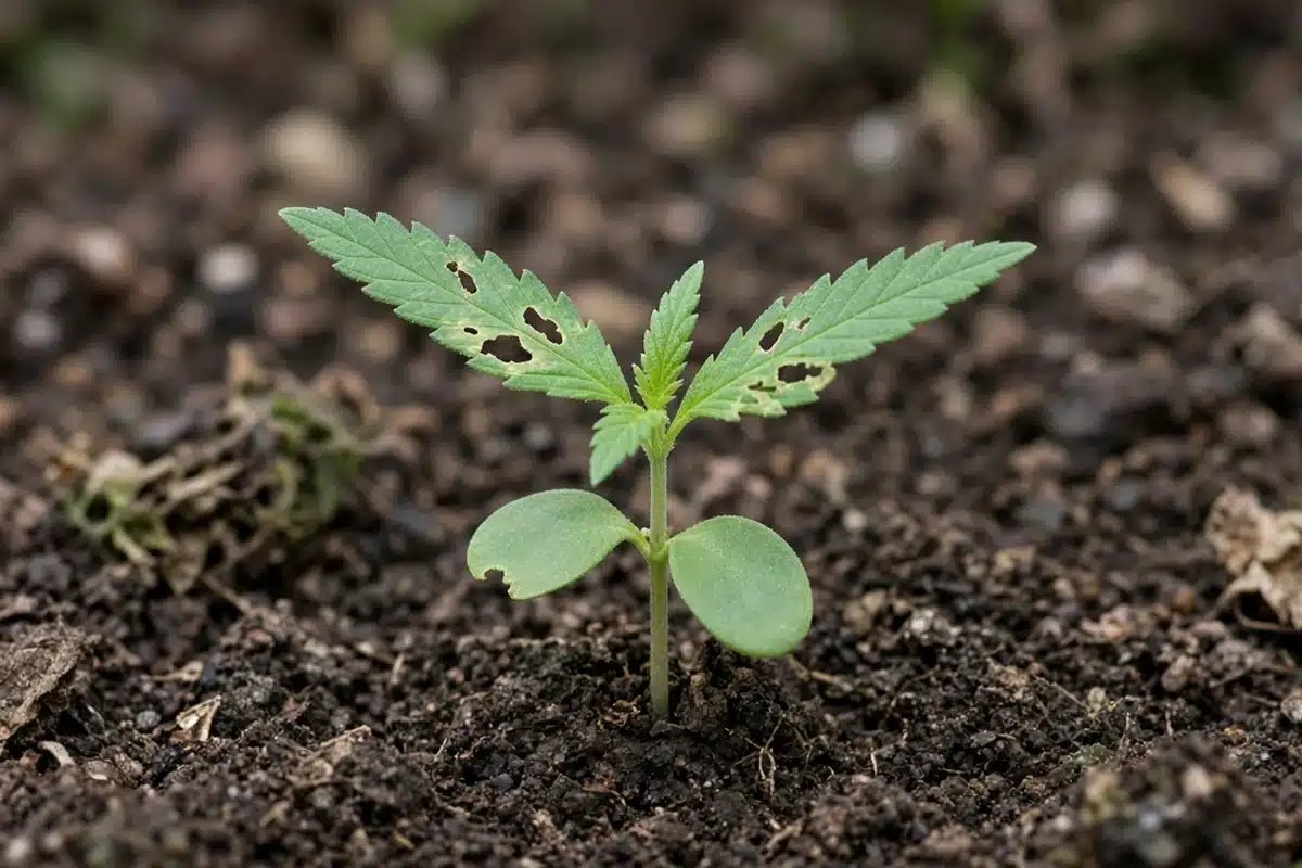 Photo-style illustration of a cannabis seedling with ragged holes chewed in its first pair of serrated leaves, on damp soil