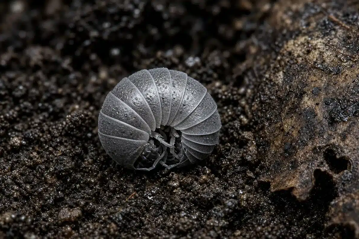 Photo-style illustration of a gray pill bug curled into a ball on damp dark soil beside a piece of decaying leaf