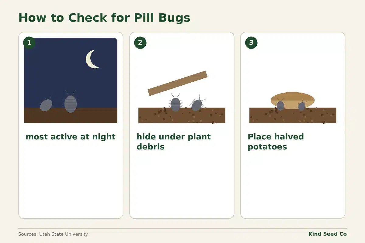 Numbered diagram of three ways to check for pill bugs: look at night, lift debris, and set a halved potato flesh-side down