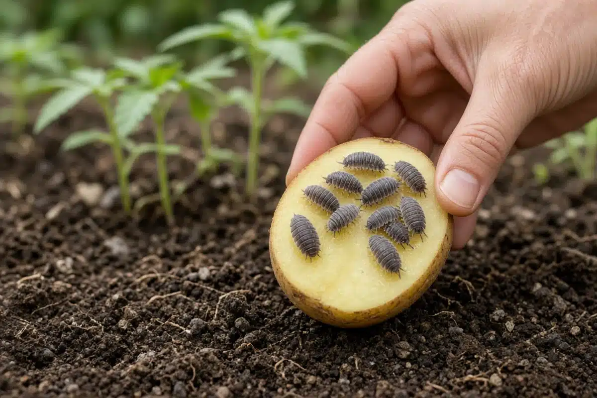 Photo-style illustration of one hand lifting half a potato from damp soil to reveal gray pill bugs on the cut side