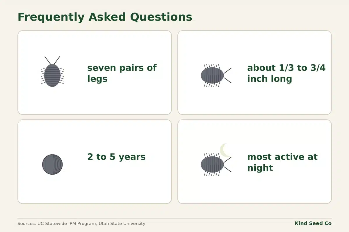 Pill bug fact card: seven pairs of legs, about 1/3 to 3/4 inch long, 2 to 5 years, and most active at night