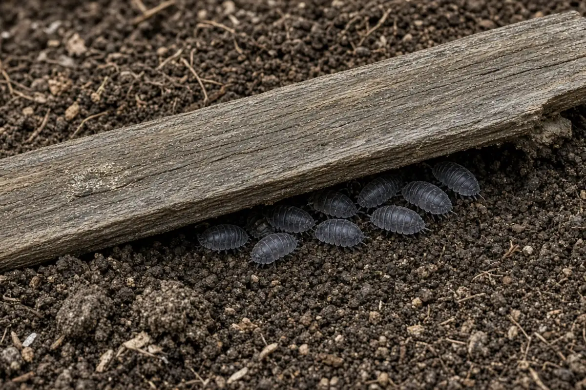 Photo-style illustration of an old wooden board lying flat on damp soil, with a cluster of gray pill bugs along its edge