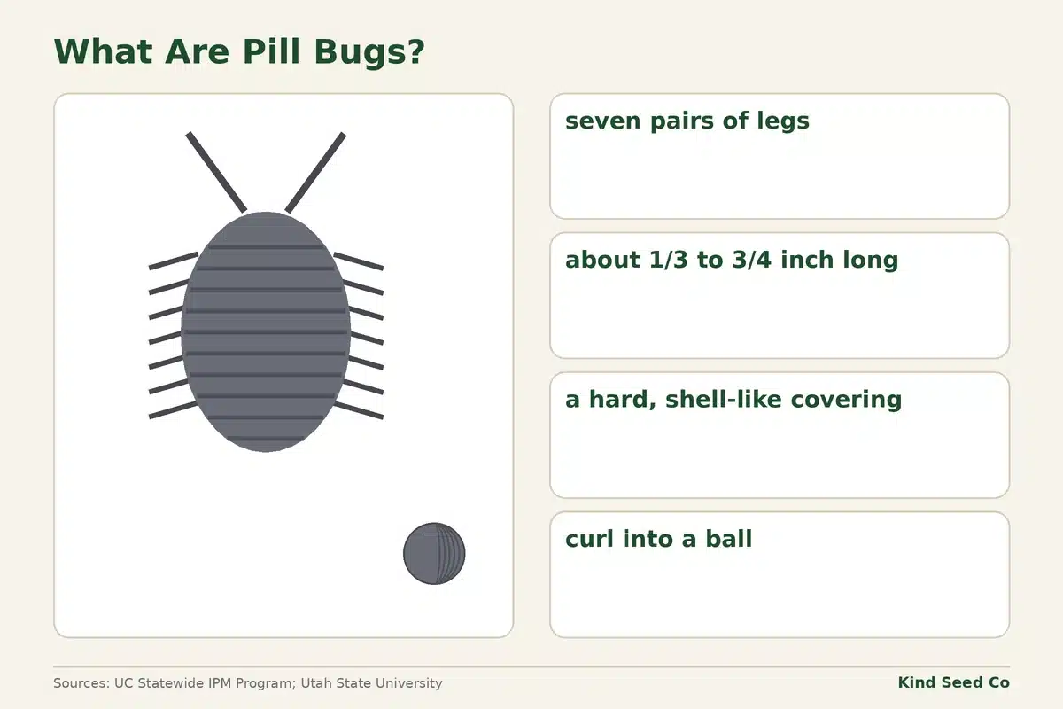 Diagram of a pill bug with four facts: seven pairs of legs, 1/3 to 3/4 inch, shell-like covering, curls into a ball
