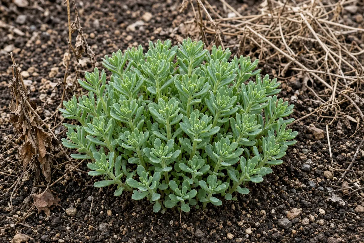 Pinched sedum stems in early spring
