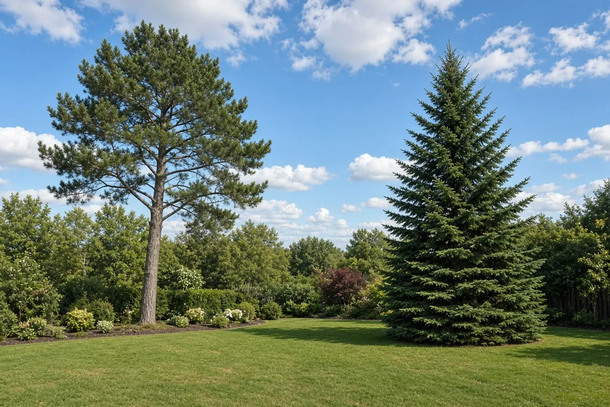 Pine and spruce trees in a yard