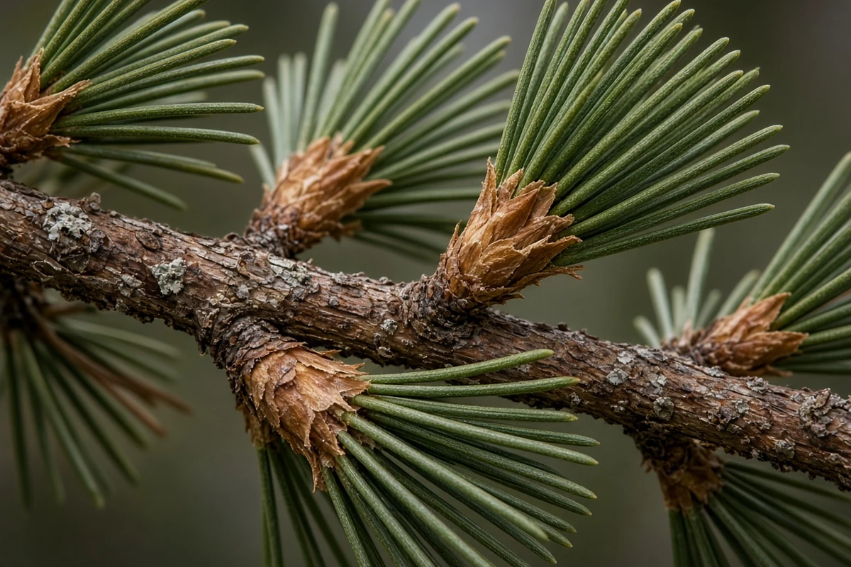 Pine needle bundles with papery brown sheaths on a twig
