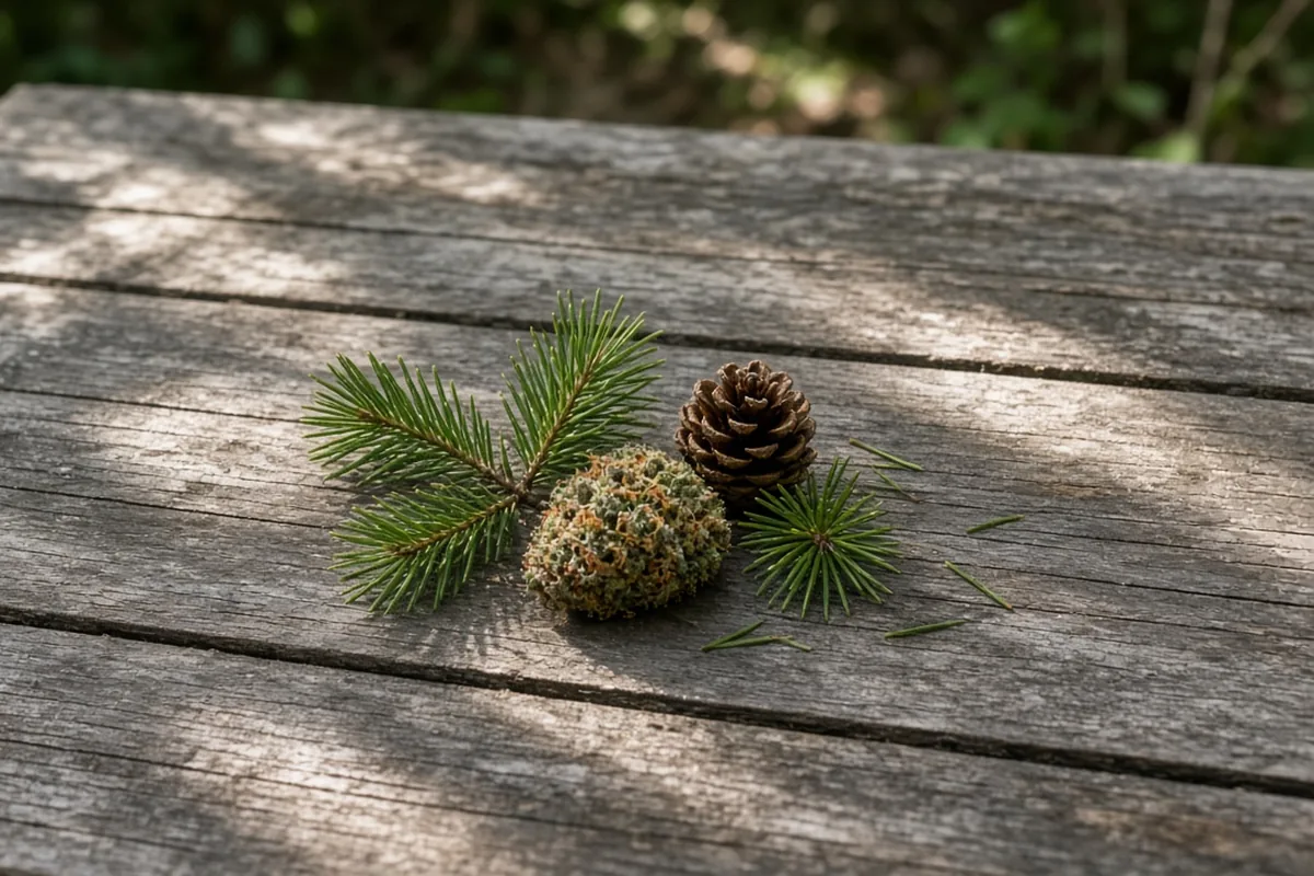 Pine needles and cannabis on wood
