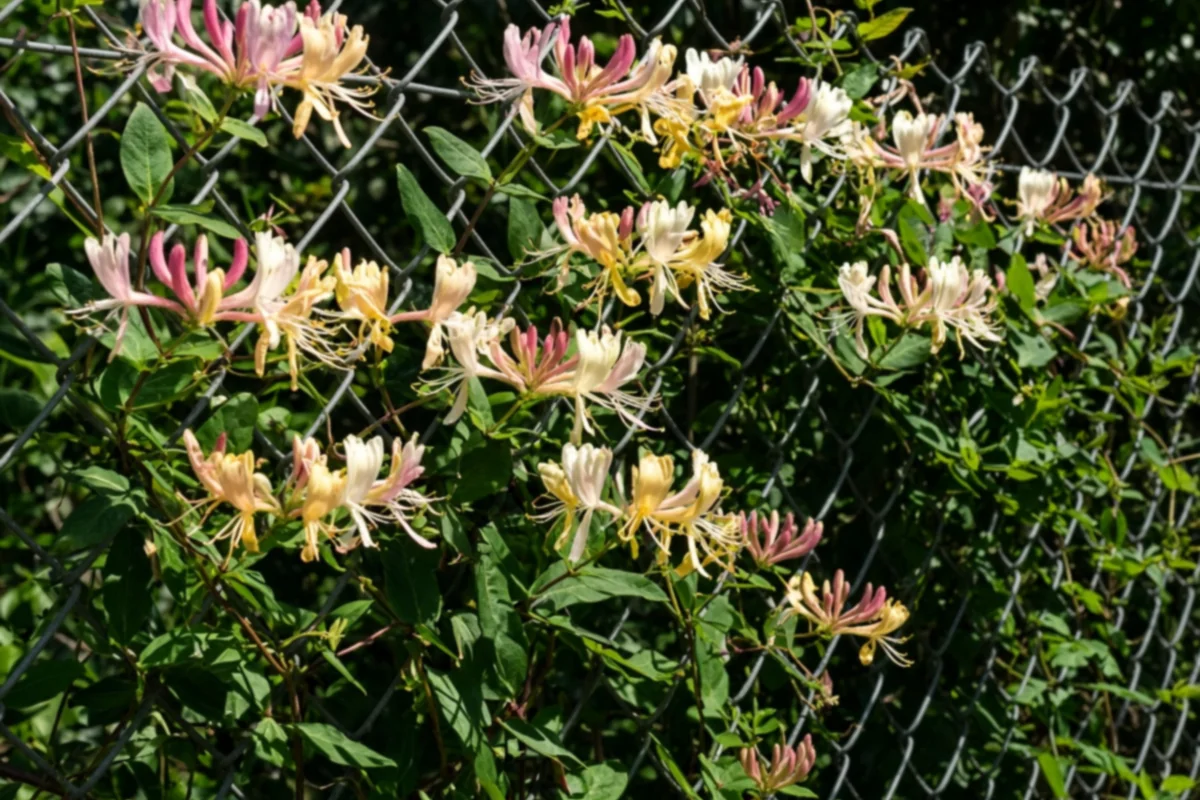 Pink and cream honeysuckle blooming on a chain link fence