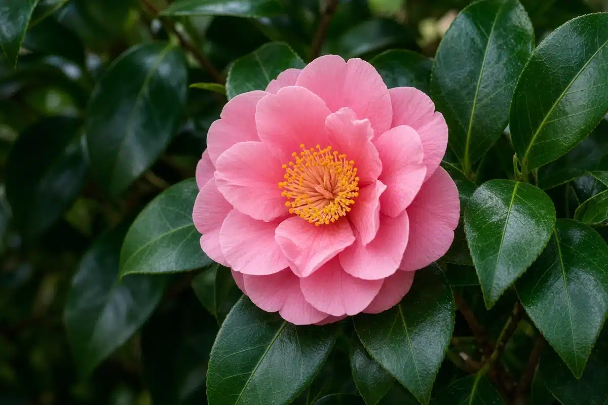 Pink camellia flower open on a shrub